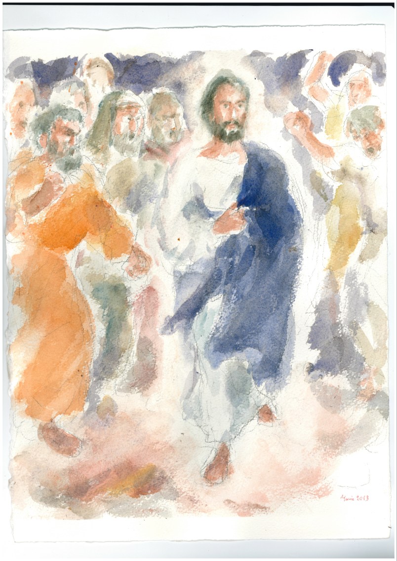 Ma Egli passò in mezzo a loro, Acquarello di Maria Cavazzini Fortini, Aprile 2014