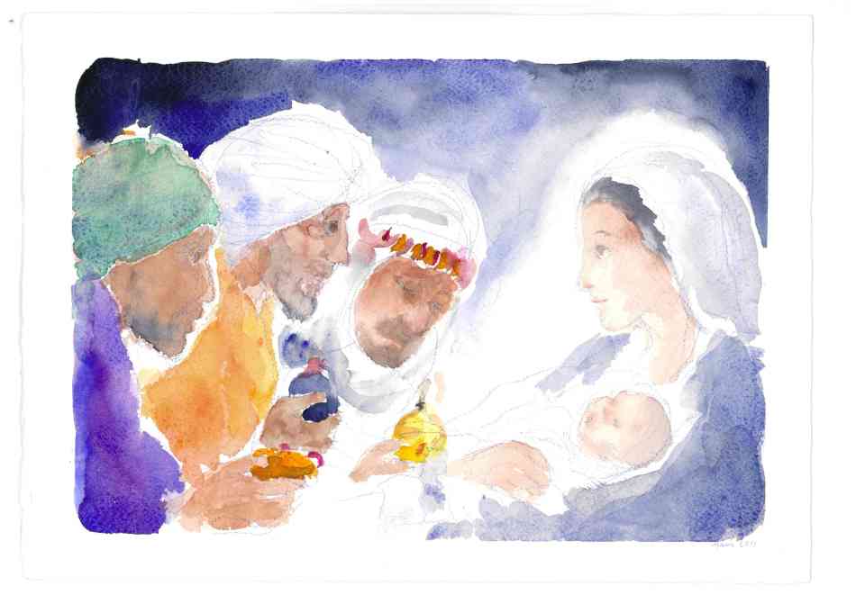 Si prostrarono, Acquarello di Maria Cavazzini Fortini, dicembre 2014