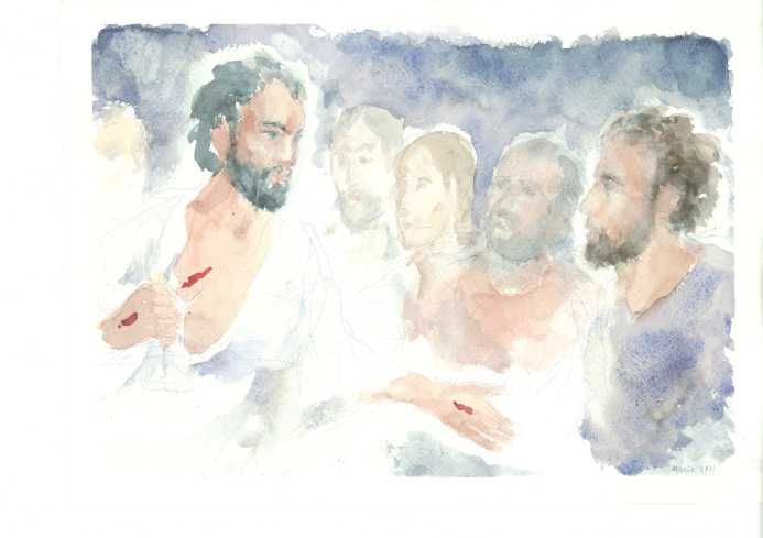 Metti qui il tuo dito, acquarello di Maria Cavazzini Fortini, aprile 2015