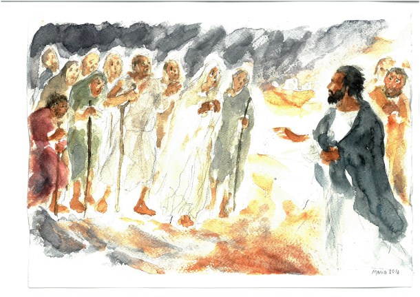 I dieci lebbrosi incontrano Gesù, acquarello di Maria Cavazzini Fortini, ottobre 2016