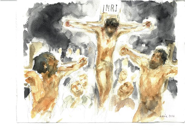 Uno dei malfattori lo insultava, acquarello di Maria Cavazzini Fortini, novembre 2016